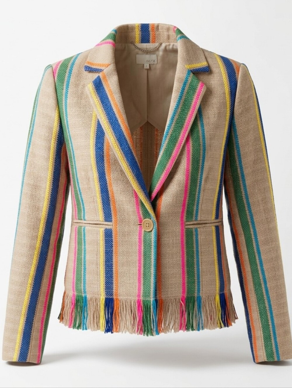 Ecru Striped Fringe Hem Blazer Jacket Size S Multicolor Cotton Blend Boho Hippie